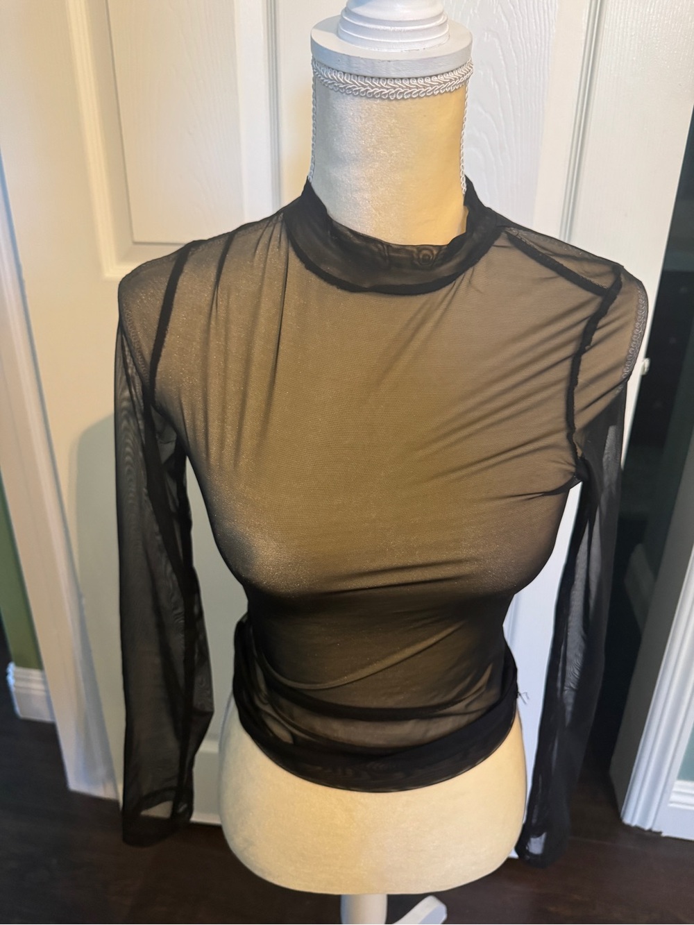 SHEIN Black Sheer Mesh Mock Neck Long Sleeve Top XS